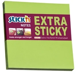 Stickxb4N Lipnūs lapeliai Stick´N Extra Sticky 21671, 76x76mm, 90 lapelių, neoninės žalios spalvos