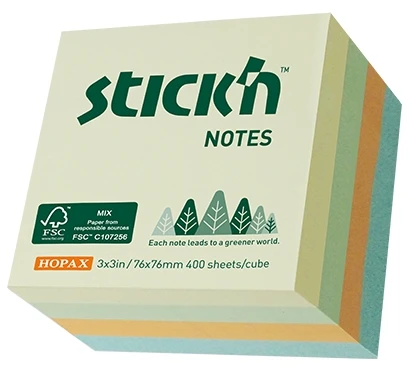 Stickxb4N Lipnūs lapeliai StickN 21890 FSC 76x76mm, 400 lapelių, pastelinės spalvos