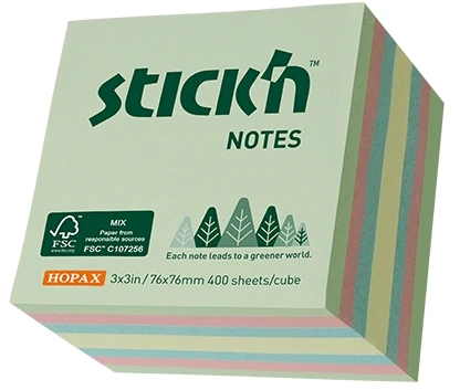 Stickxb4N Lipnūs lapeliai StickN 21891 FSC 76x76mm, 400 lapelių, pastelinės spalvos