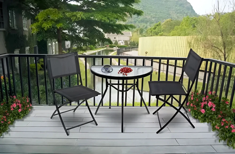 MultiGarden Pusinis stiklinis kavos stalas balkonui, terasai, pavėsinei, juodas