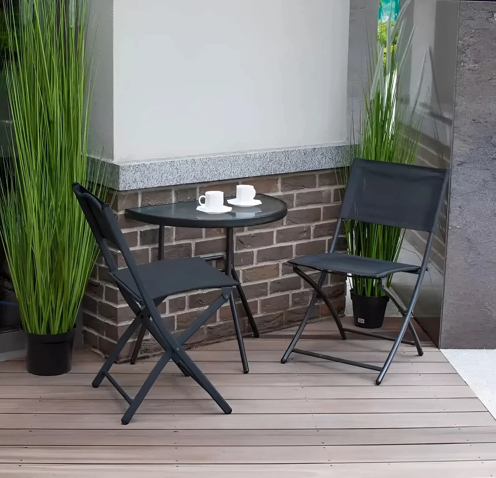 MultiGarden Pusinis stiklinis kavos stalas balkonui, terasai, pavėsinei, juodas