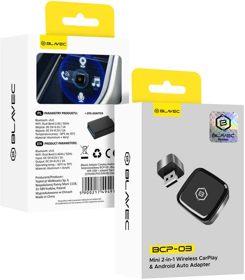 Blavec Adapteris Carplay Android Auto wireless BCP-03 – Bluetooth Wifi USB + adapteris Typ C (CPAABCP03-BWUB) juodos spalvos