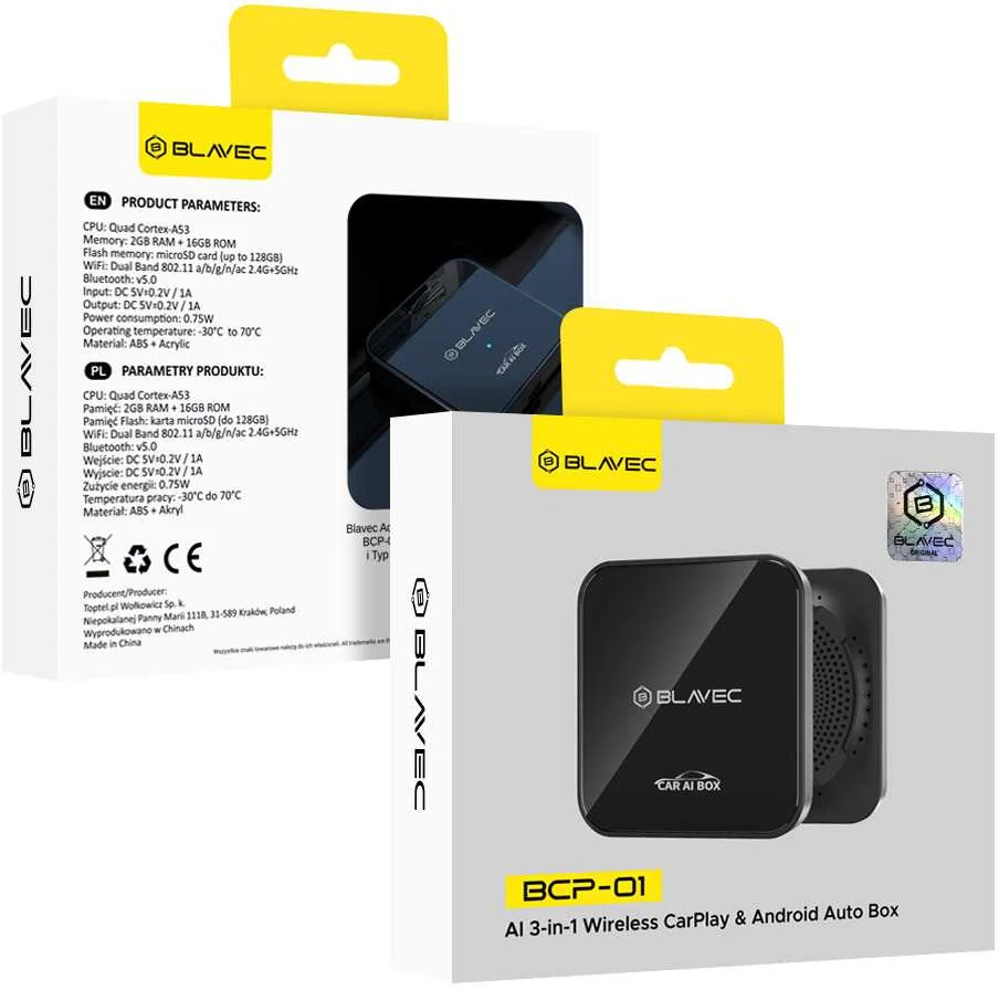Blavec Adapteris Carplay Android Auto wireless BCP-01 – Bluetooth Wifi + kabelis USB į Typ C i Typ C į Typ C (CPAABCP01-BWB) juodos spalvos