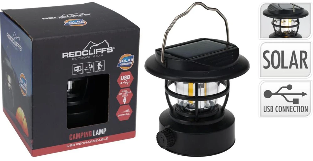 Redcliffs Juoda USB ir saulės įkraunama kempingo lempa