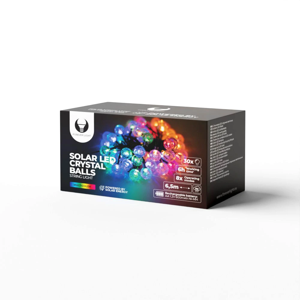 Saulės energija įkraunama LED girlianda CRYSTAL BALLS SCB61 6,5m 30 lempučių, spalvota, Forever Light