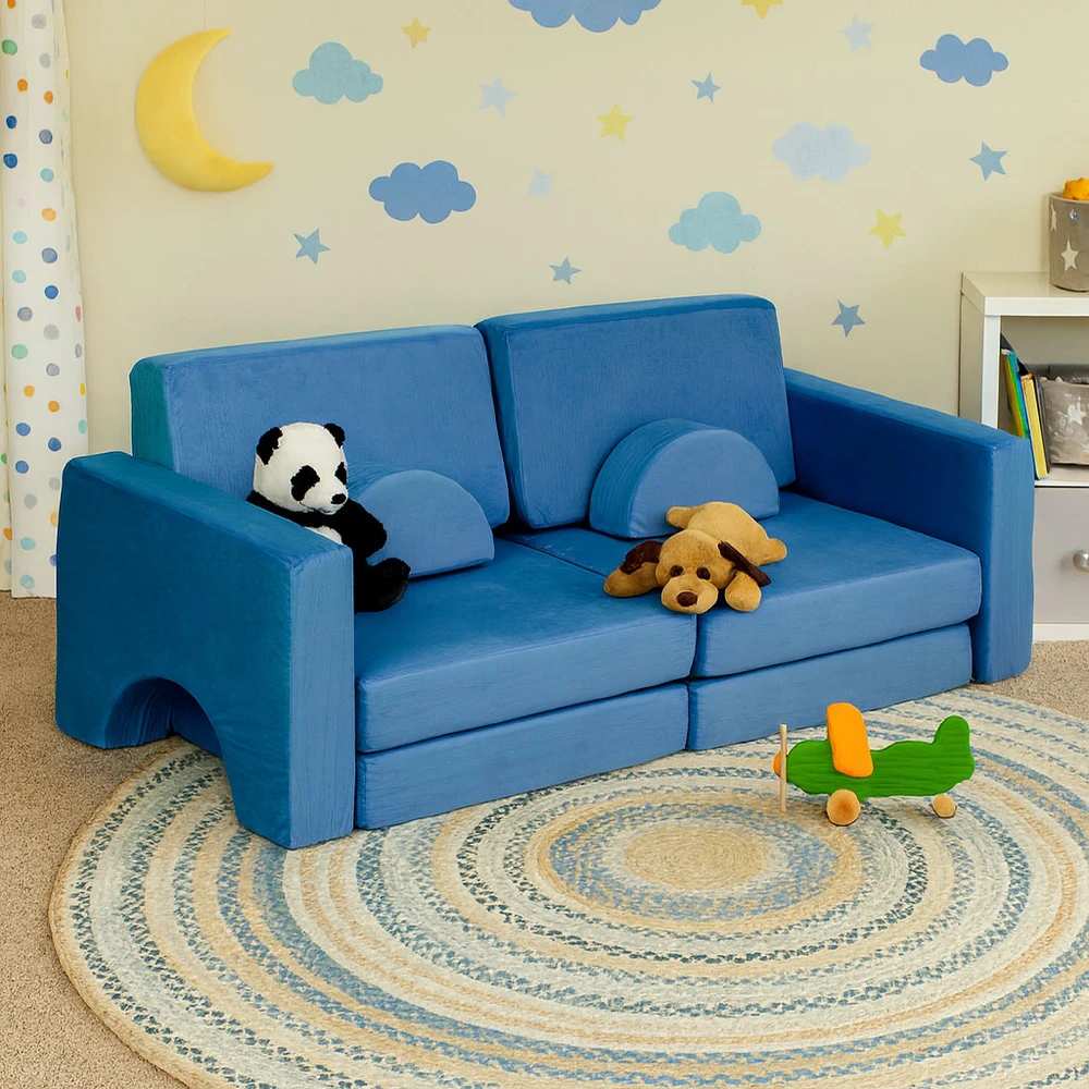 Sudedama modulinė sofa vaikams, didelė, 2 vietų, „pasidaryk pats“, 10 minkštų pagalvių – mėlyna ECOTOYS