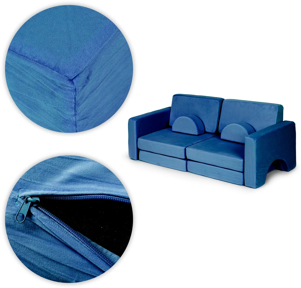 Sudedama modulinė sofa vaikams, didelė, 2 vietų, „pasidaryk pats“, 10 minkštų pagalvių – mėlyna ECOTOYS