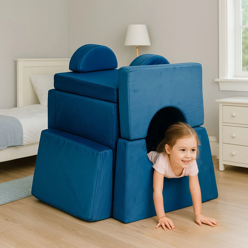 Sudedama modulinė sofa vaikams, didelė, 2 vietų, „pasidaryk pats“, 10 minkštų pagalvių – mėlyna ECOTOYS