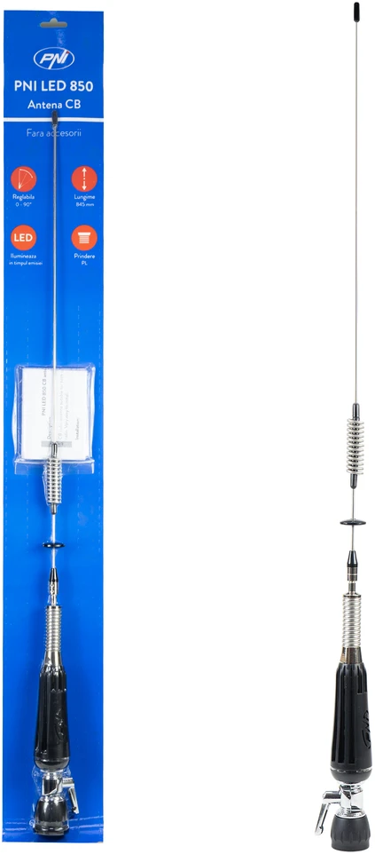 Sulankstoma CB PNI LED 850 antena, 85 cm, 26-28 MHz, 300 W, šviečia siuntimo metu, PL sriegio tipas, be priedų