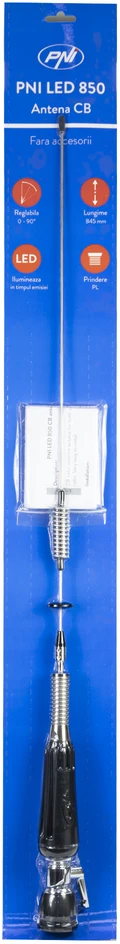 Sulankstoma CB PNI LED 850 antena su 145 mm magnetiniu pagrindu, 85 cm ilgio, 26-28 MHz, 300 W, šviečia siuntimo metu, PL sriegio tipas, be priedų