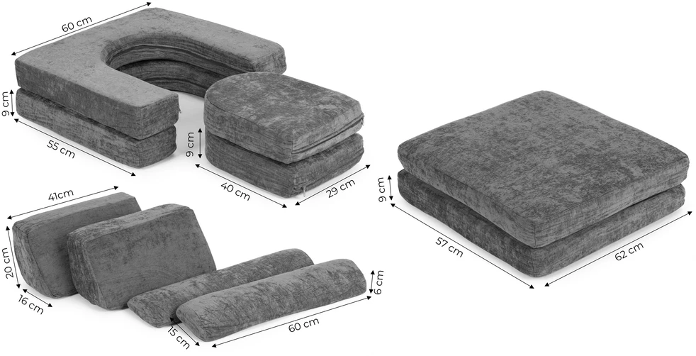 Ecotoys Sulankstoma pilka didelė modulinė sofa vaikams