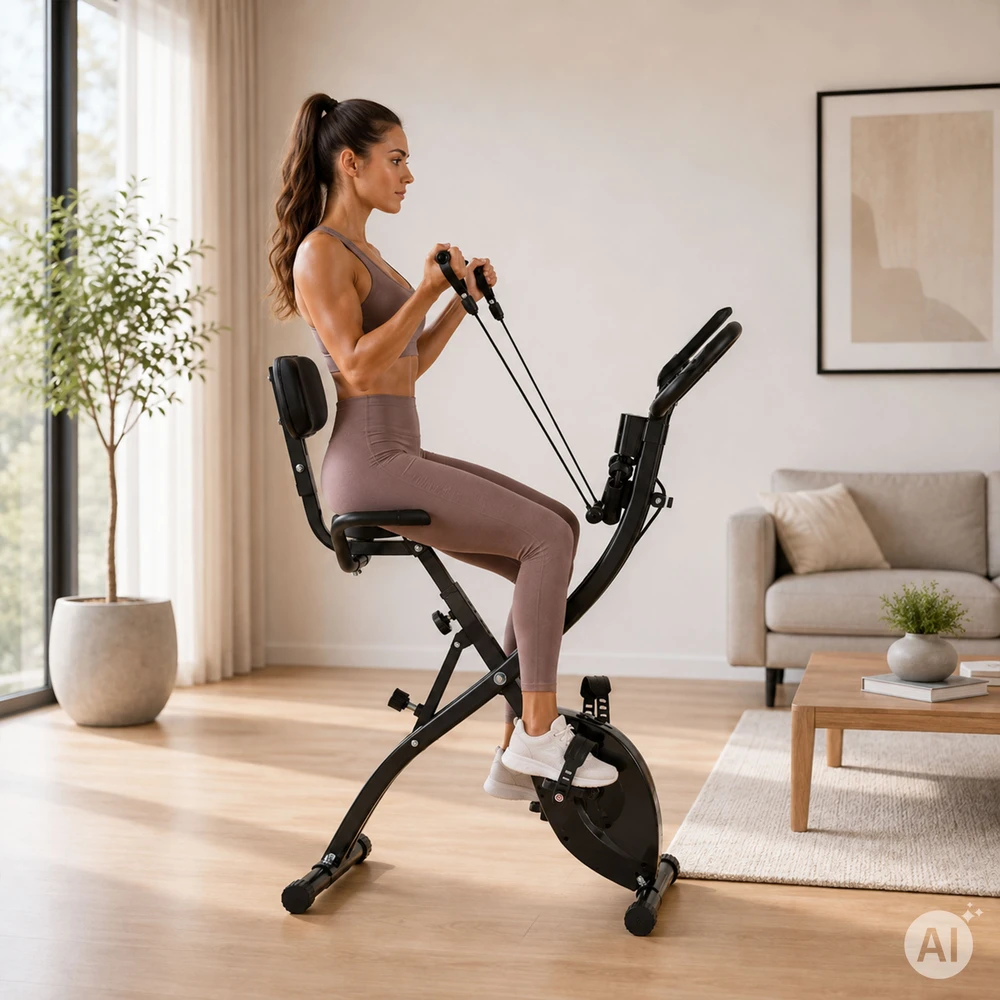 Sulankstomas magnetinis treniruoklis dviratis su atlošu ir pasipriešinimo gumomis, 8 pasipriešinimo lygiai, 120 kg MOVEPRO