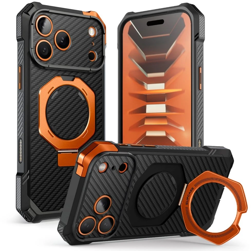 SUPCASE UB GRIP MAG MagSafe iPhone 17 PRO MAX / 18 PRO MAX ARAMIDINIS DĖKLAS Juodas/ORANŽINIS