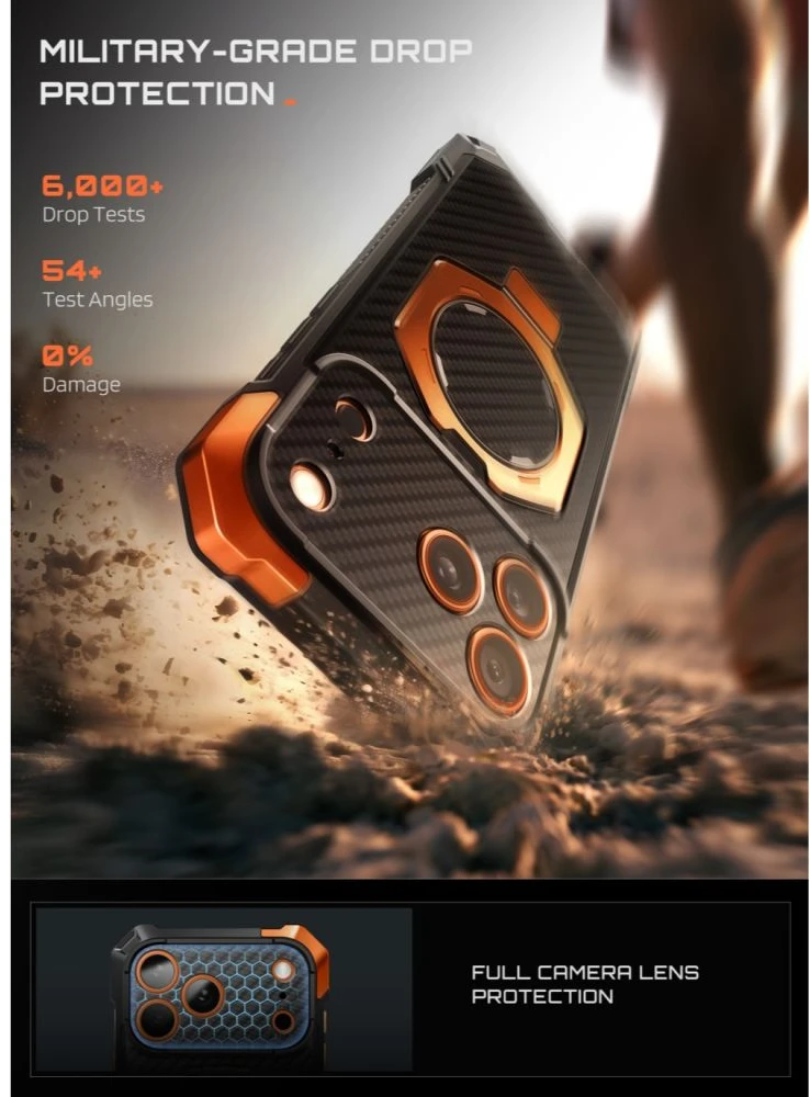 SUPCASE UB GRIP MAG MagSafe iPhone 17 PRO MAX / 18 PRO MAX ARAMIDINIS DĖKLAS Juodas/ORANŽINIS