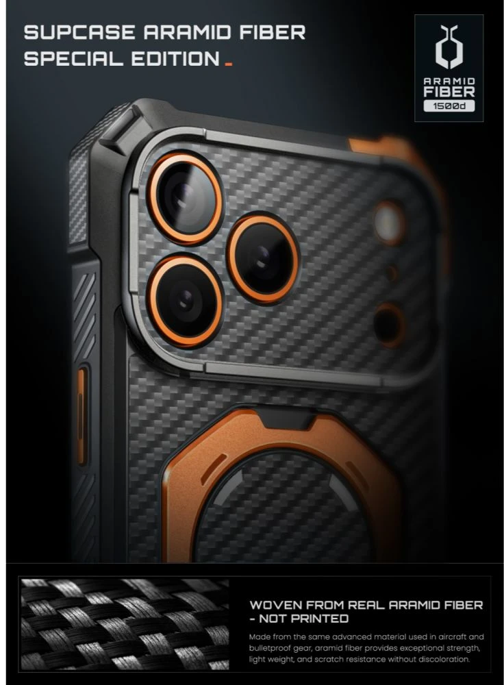 SUPCASE UB GRIP MAG MagSafe iPhone 17 PRO MAX / 18 PRO MAX ARAMIDINIS DĖKLAS Juodas/ORANŽINIS