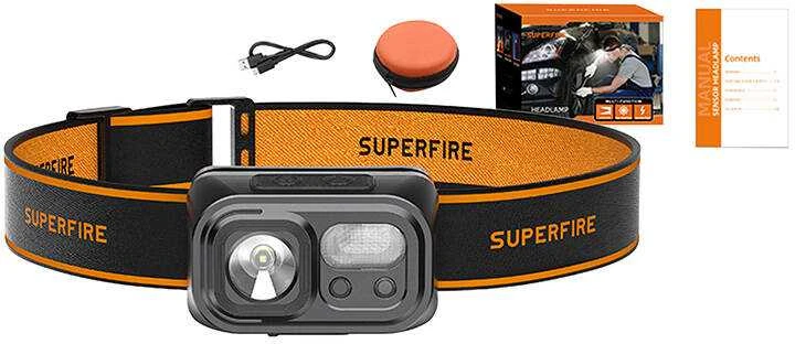 Superfire Žibintuvėlis ant galvos, įkraunamas USB C, 350lm, 2000mAh, su sensoriumi ON/OFF, balta-raudona