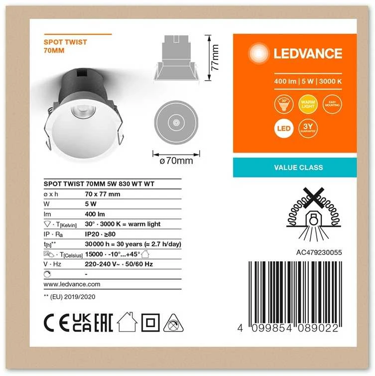 Ledvance 5W LED įleidžiamas šviestuvas TWIST PRO 70mm, baltas, 3000K