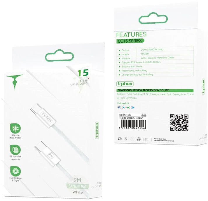 T-PHOX LAIDAS CC15 SERIJOS USB-C/USB-C 60W 3A 2M Baltas