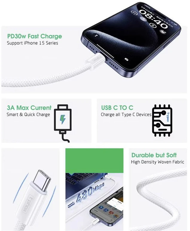 T-PHOX LAIDAS CC15 SERIJOS USB-C/USB-C 60W 3A 2M Baltas
