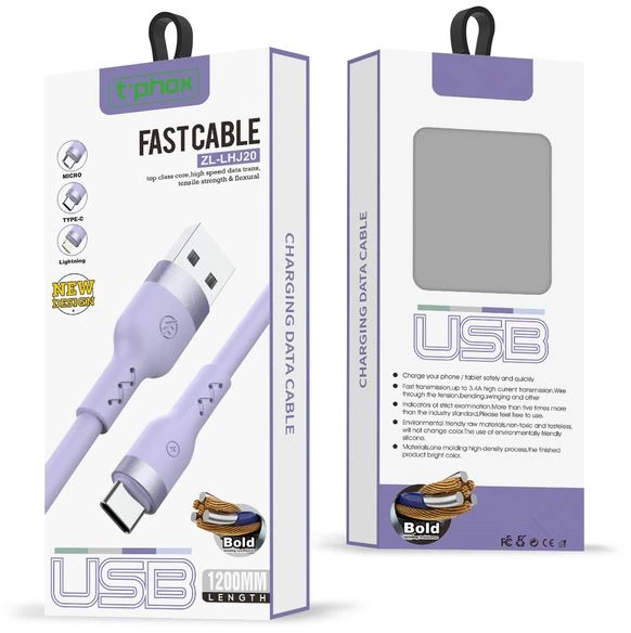 T-PHOX KABELIS BOLD USB/LIGHTNING 3A DANGAUS MĖLYNOS SPALVOS