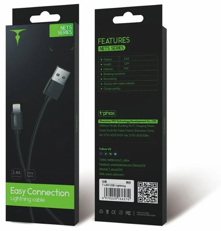 T-PHOX KABELIS NETS LIGHTNING Juodas 3A ; PVC ; 2M
