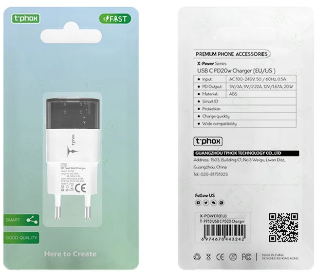 T-PHOX SIENINIS ĮKROVIKLIS T-PP10 20W USB-C Juodas
