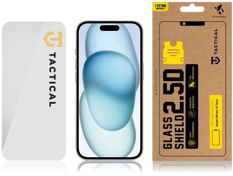 Tactical apsauginis stiklas Shield 2.5D skirtas Apple iPhone 15 skaidrus