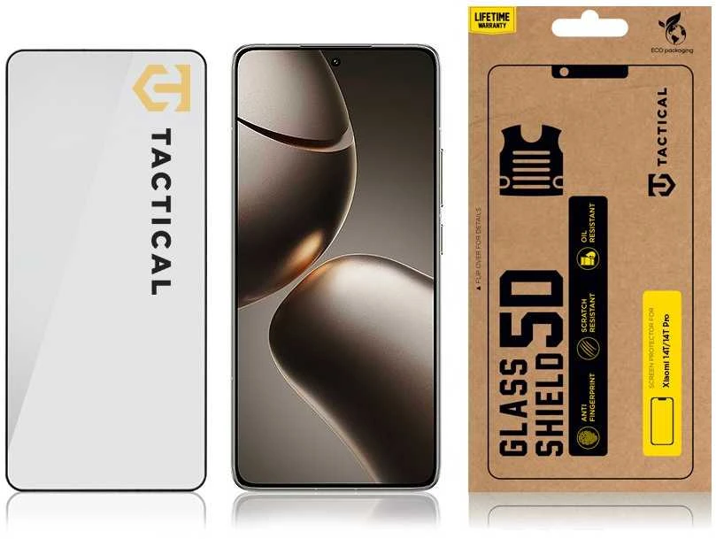 Tactical Apsauginis stiklas Shield 5D skirtas Xiaomi 14T/14T Pro su juodos spalvos krašteliu