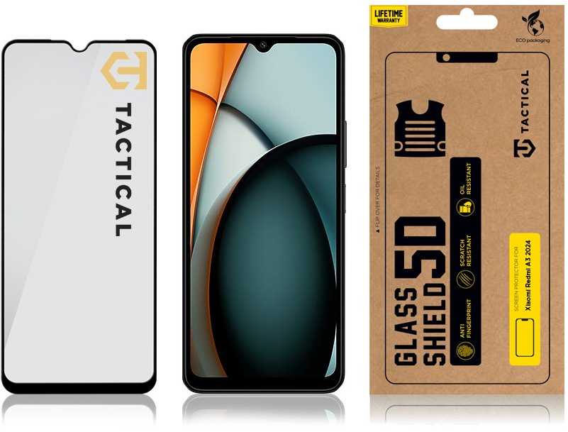 Tactical apsauginis stiklas Shield 5D skirtas Xiaomi Redmi A3 2024 su juodos spalvos krašteliu