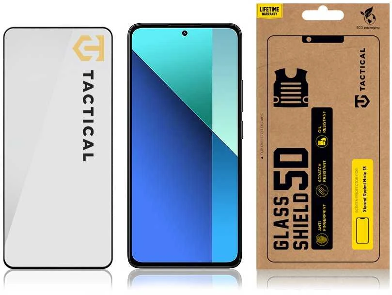 Tactical apsauginis stiklas Shield 5D skirtas Xiaomi Redmi Note 13 4G/5G su juodos spalvos krašteliu