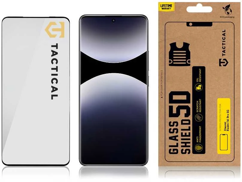 Tactical apsauginis stiklas Shield 5D skirtas Xiaomi Redmi Note 14 Pro 5G su juodos spalvos krašteliu