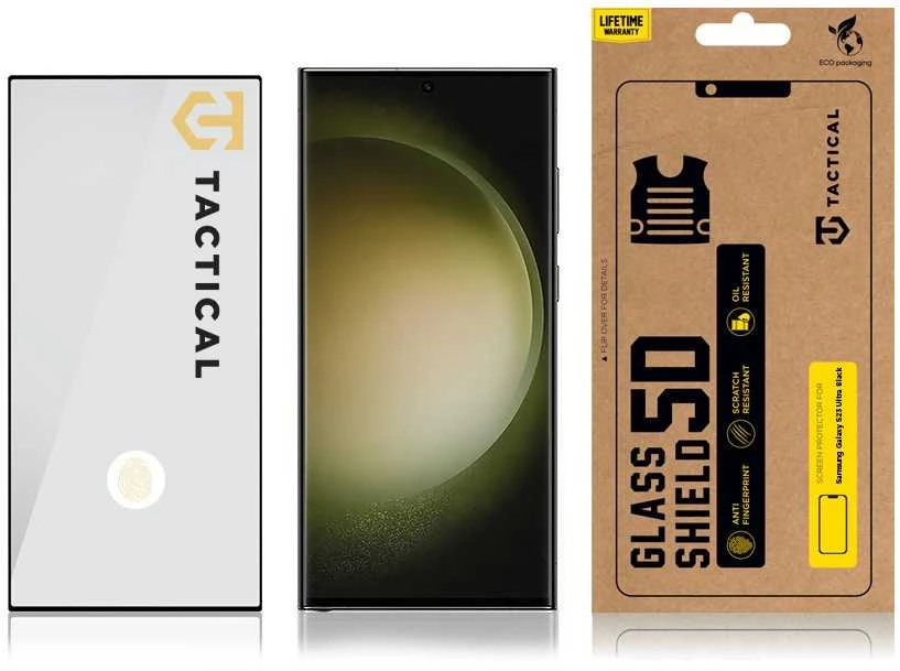 Tactical apsauginis stiklas Shield 5D skirtas Samsung Galaxy S23 Ultra su juodos spalvos krašteliu