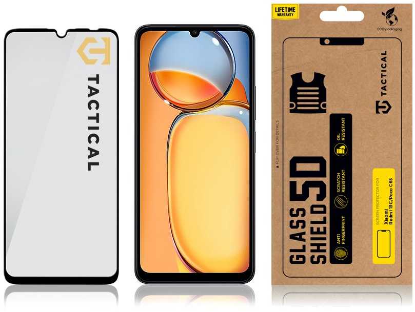 Tactical apsauginis stiklas Shield 5D skirtas Xiaomi Redmi 13C 4G/5G/ Poco C65 su juodos spalvos krašteliu