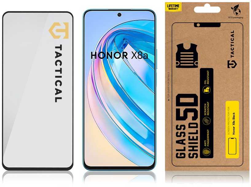 Tactical apsauginis stiklas Shield 5D skirtas Honor X8a su juodos spalvos krašteliu