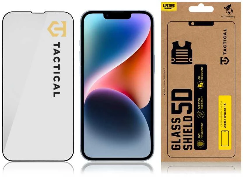 Tactical apsauginis stiklas Shield 5D skirtas Apple iPhone 13/13 Pro/14 su juodos spalvos krašteliu