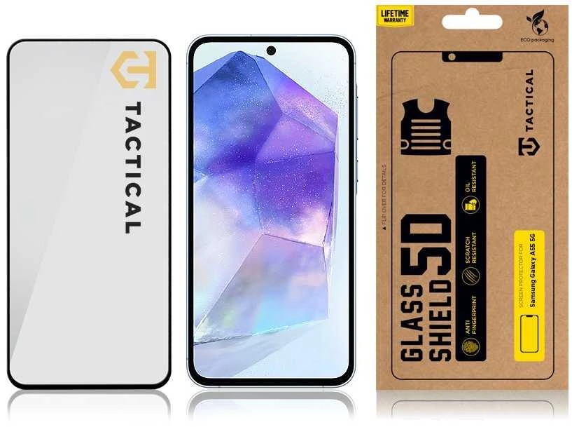 Tactical apsauginis stiklas Shield 5D skirtas Samsung Galaxy A55 5G su juodos spalvos krašteliu