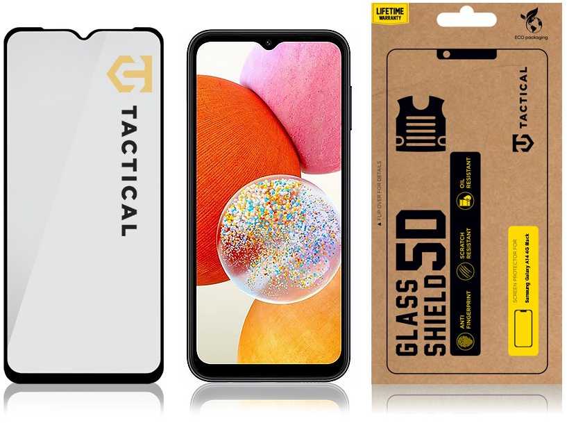 Tactical apsauginis stiklas Shield 5D skirtas Samsung Galaxy A14 4G su juodos spalvos krašteliu