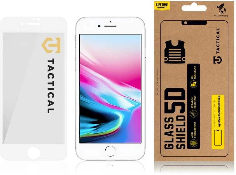 Tactical apsauginis stiklas Shield 5D skirtas Apple iPhone 7/8/SE2020/SE2022 su baltos spalvos krašteliu