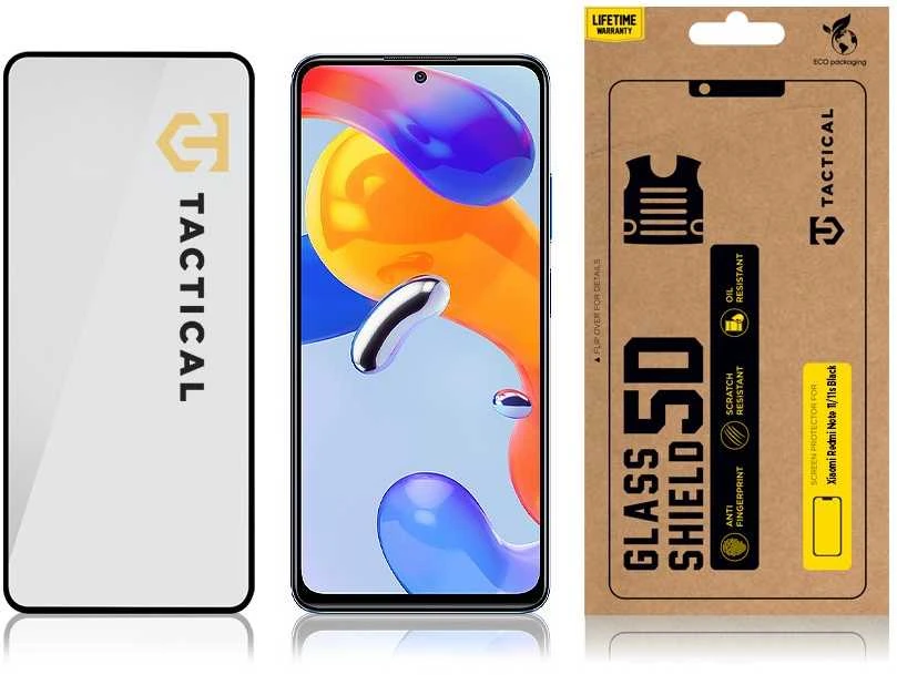 Tactical apsauginis stiklas Shield 5D skirtas Xiaomi Redmi Note 11/11s su juodos spalvos krašteliu