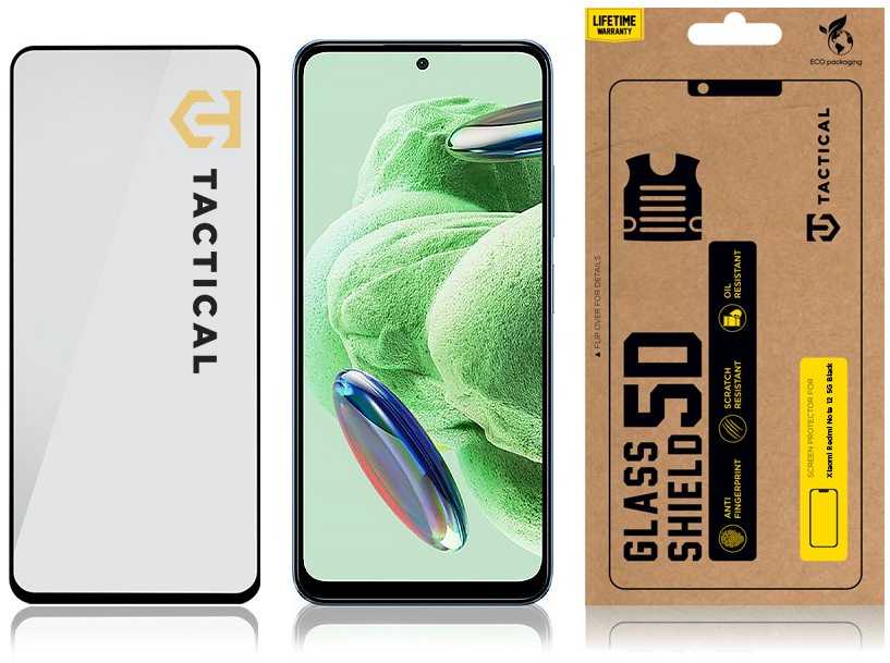 Tactical apsauginis stiklas Shield 5D skirtas Xiaomi Redmi Note 12 5G su juodos spalvos krašteliu
