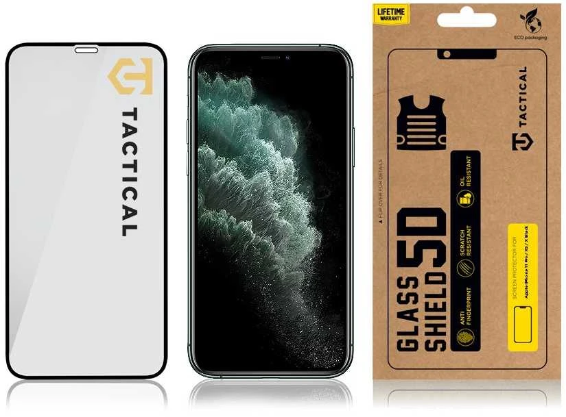 Tactical apsauginis stiklas Shield 5D skirtas Apple iPhone 11 Pro/ XS/ X su juodos spalvos krašteliu