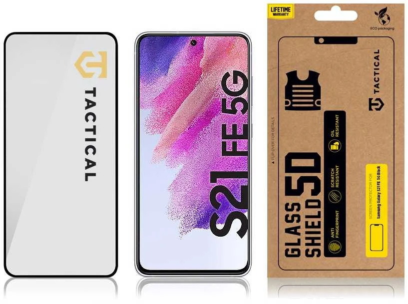 Tactical apsauginis stiklas Shield 5D skirtas Samsung Galaxy S21 FE 5G su juodos spalvos krašteliu
