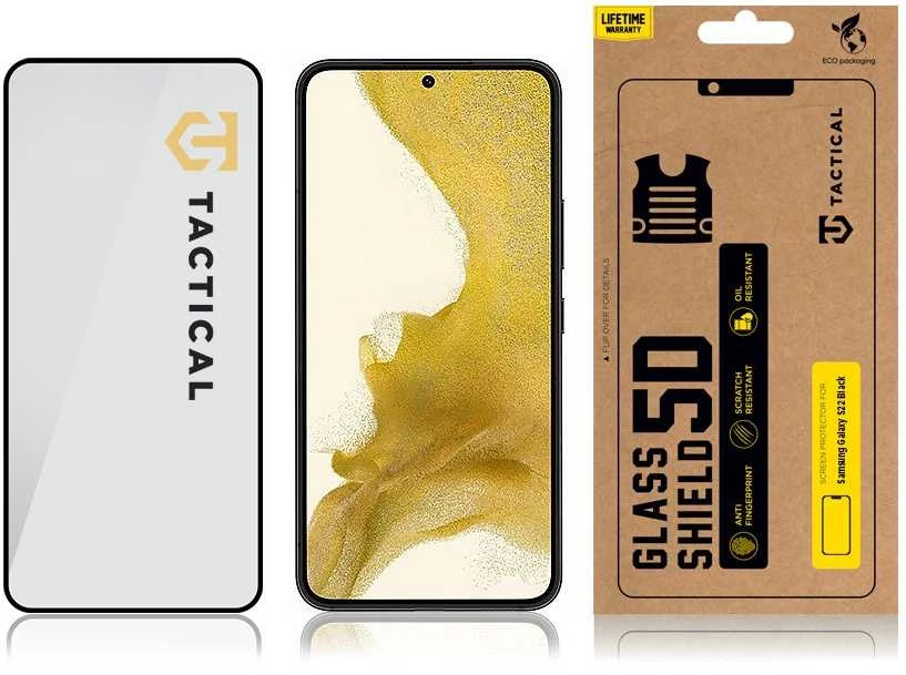 Tactical apsauginis stiklas Shield 5D skirtas Samsung Galaxy S22 su juodos spalvos krašteliu