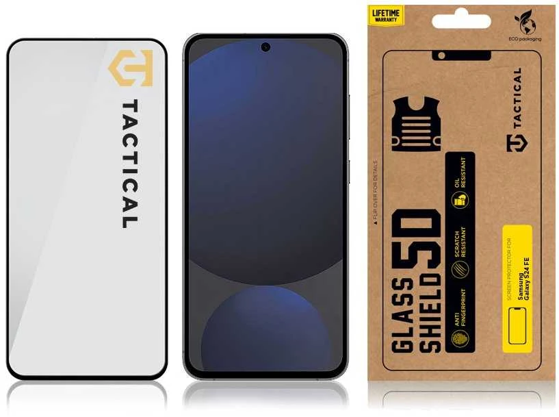 Tactical Apsauginis stiklas Shield 5D skirtas Samsung Galaxy S24 FE su juodos spalvos krašteliu