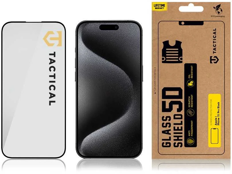 Tactical apsauginis stiklas Shield 5D skirtas Apple iPhone 15 Pro su juodos spalvos krašteliu
