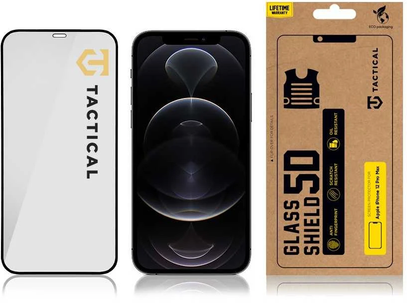 Tactical apsauginis stiklas Shield 5D skirtas Apple iPhone 12 Pro Max su juodos spalvos krašteliu