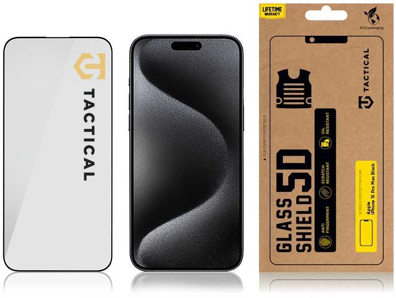 Tactical apsauginis stiklas Shield 5D skirtas Apple iPhone 15 Pro Max su juodos spalvos krašteliu