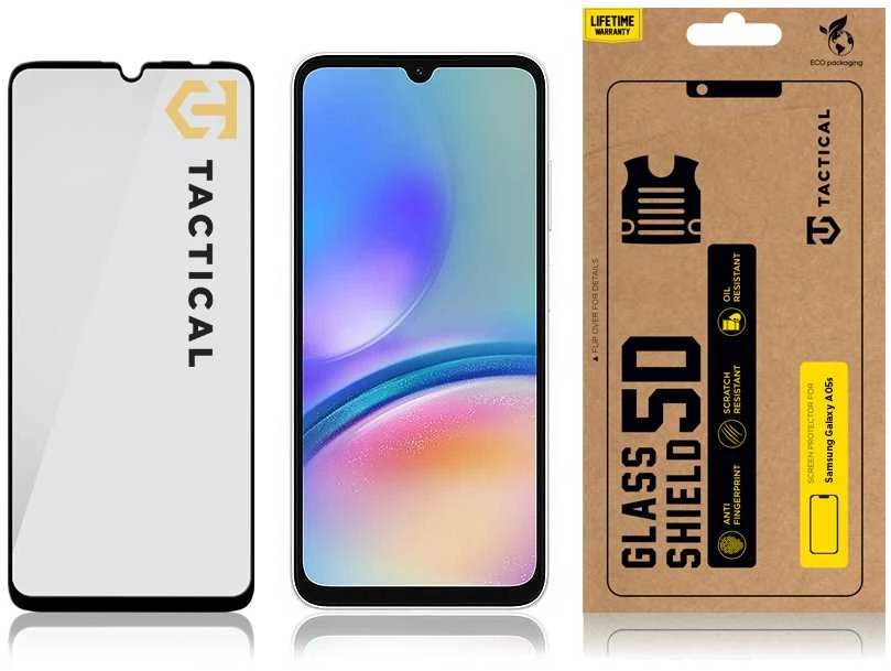 Tactical apsauginis stiklas Shield 5D skirtas Samsung Galaxy A05/A05s su juodos spalvos krašteliu