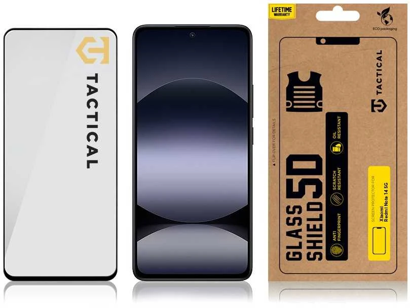 Tactical apsauginis stiklas Shield 5D skirtas Xiaomi Redmi Note 14 4G/5G su juodos spalvos krašteliu