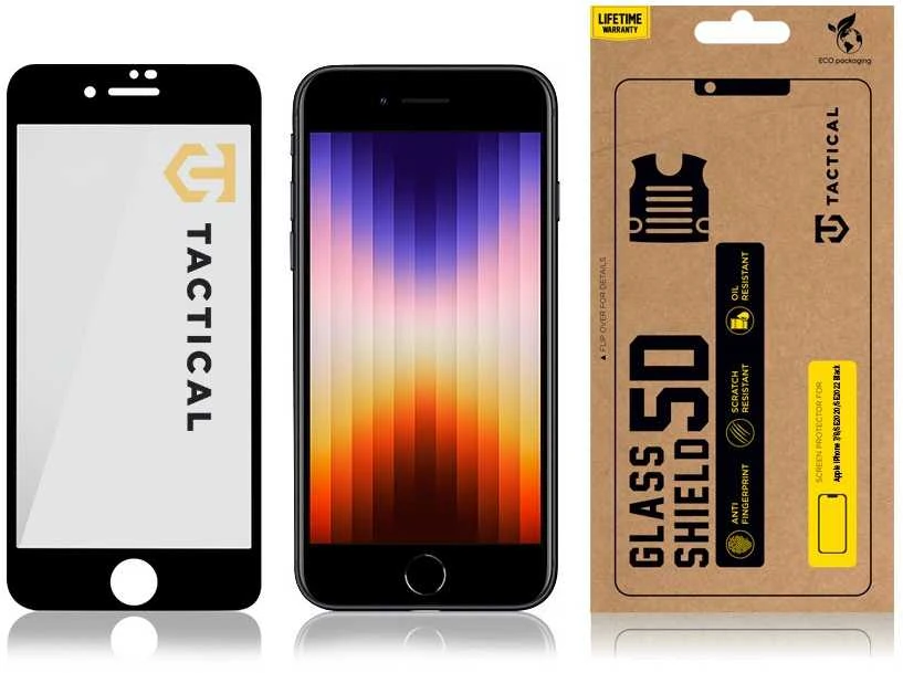Tactical apsauginis stiklas Shield 5D skirtas Apple iPhone 7/8/SE2020/SE2022 su juodos spalvos krašteliu